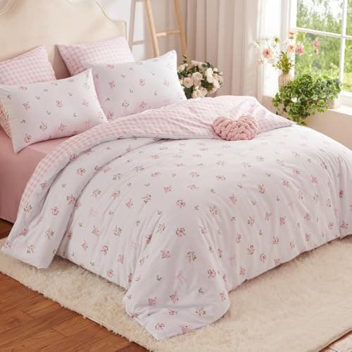 Bildenly Twin Comforter Set, Pink Gingham Floral Comforter Twin, Soft Twin Quilt Set 2 Pieces, Cute Flower Bedding Set for Kids Teens, 1 Comforter (68"x90") & 1 Pillowcase (30‘’x20‘’)