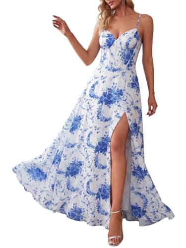 SWEMILE Womens Floral Evening Dresses Gowns Spaghetti Strap Sweetheart Side Slit White Blue L