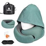 Vzpeun Travel Pillow - Hooded Neck Pillow Airplane Memory Foam Filling for Plane, Office, Cars Sleeping, Road Trip, Long Flights, Airplane Travel Essentials, Includes Eye Mask & Earplugs (Green)