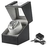 FLKQC Single Watch Winder for Automatic Watches | Black Leather Watch Display Case Storage Box | Fits Lady and Man Automatic Watch, AC Adapter or Battery Powered Watch Storage Box