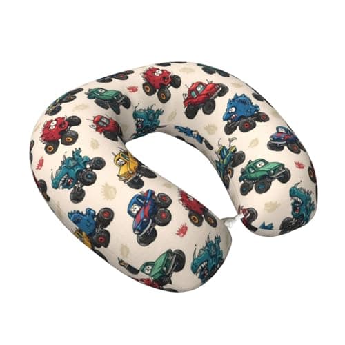 Fuzquwu Cartoon Monster Trucks (2) Pattern Neck Pillow for Traveling Airplane,Pure Memory Foam U-Shaped Neck Pillows for Flight Headrest Sleep