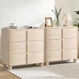 Fatmok 31.5" Wide Nightstand with 3 Drawers Set of 2, Wood Grain Chest of Drawers, Large Bedside Storage Cabinet for Bedroom and Living Room, Curved Design with Rounded Wood Handles, Natural Wood