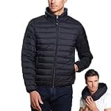 Weatherproof Men's Puffer Jacket, Lightweight Alternative Down Jacket with Packable Travel Neck Pillow, Travel-Ready Winter Jackets for Men, Water & Wind Resistant, Black, Small
