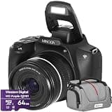 Minolta 64 MP / 4K Bridge Camera with 10x Optical Zoom Black MNB10Z-BK Bundle with Deco Photo Camera Bag for DSLR and Mirrorless Cameras and Western Digital 64GB microSD Card