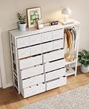 Jojoka 16-Drawer Tall Dresser with Clothes Hanging Rack & 2 Storage Shelves, Large Fabric Chest for Bedroom, Closet, Living Room, or Girls' Room with Sturdy Metal Frame & Wooden Top, White