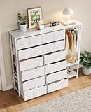 Jojoka 16-Drawer Tall Dresser with Clothes Hanging Rack & 2 Storage Shelves, Large Fabric Chest for Bedroom, Closet, Living Room, or Girls' Room with Sturdy Metal Frame & Wooden Top, White