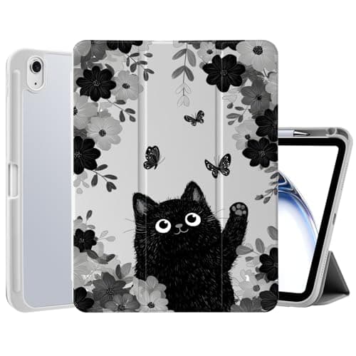 MAYCARI Cute Black Cat Kitten Flowers Case for iPad Air 10.9 Inch 2022/2020, iPad Air 10.9" 5th/4th Generation Case with Pencil Holder, Slim Hard Clear Acrylic Back Cover Cute Designs, Auto Sleep/Wake