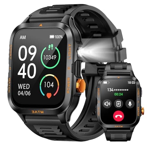 Military Smart Watches for Men (Answer/Make Calls) with 880mAh Big Battery/Flashlight/100 Sports Modes, 3ATM Waterproof Fitness Watch for iOS Android Smartwatch with Heart Rate Sleep Monitor (Orange)