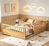 Bellemave Full Size Floor Bed with high Fence, Solid Pine Wood Montessori Bed for Kids Girls Boys Floor Bed Frame, Natural with slats