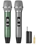 Meloace Rechargeable UHF Wireless Microphones, Two Metal Handheld Microphones with 1/4" Receiver, Plug-and-Play for Speaker & PA System, Karaoke Singsing, Lecture, Stage Performance (Green&Grey)