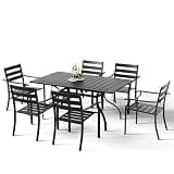 HOMREST 7 Piece Outdoor Patio Dining Set for 6, 63" Rectangular Metal Table with Umbrella Hole and Storage Shelf, Stackable Steel Chairs, Large Patio Furniture Set for Deck/Backyard/Poolside/Garden
