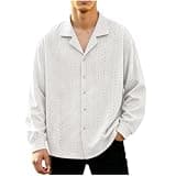 Ctreela Men's Plus Size Cuban Guayabera Shirt Loose Fit Mesh Hollow Out Summer Fall Long Sleeve Shirts Workwear