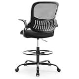 Sweetcrispy Tall Drafting Desk Chair - Ergonomic High Stool Computer with Adjustable Height and Comfy Lumbar Support, Office Rolling Counter with Flip-up Arm and Footrest, Black
