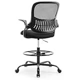 Sweetcrispy Tall Drafting Desk Chair - Ergonomic High Stool Computer with Adjustable Height and Comfy Lumbar Support, Office Rolling Counter with Flip-up Arm and Footrest, Black