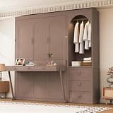 THINK 30 Queen Size Vertical Murphy Bed with Built-in Led Lighting Wardrobe & Clothes Rod On Side,Drawers & Folding Down Desk with Storage,Space-Saving & for Versatile Use,Brown