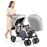 Twin Baby Pram Stroller Double Infant Stroller for Infant and Toddler,Lightweight Double Stroller with Reclining Seat, Adjustable Canopy and Large Storage(Gray)