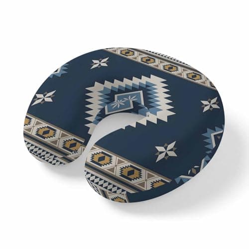 Blue Brown Boho Travel Neck Pillow Memory Foam,Hand Neck Support Airplane Pillow for Traveling Bed Car Office Home,Country Southwest Tribal Abstract Motifs Flight Pillows with Removable Cover