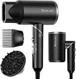 ANNLARY Hair Dryer with Comb | 1800W Blow Dryer with Diffuser for Curly Hair | Plasma Ionic Hairdryer for Frizz Control & Shine | Foldable Portable Travel Hair Dryer | 6.5 ft Cord (Black)