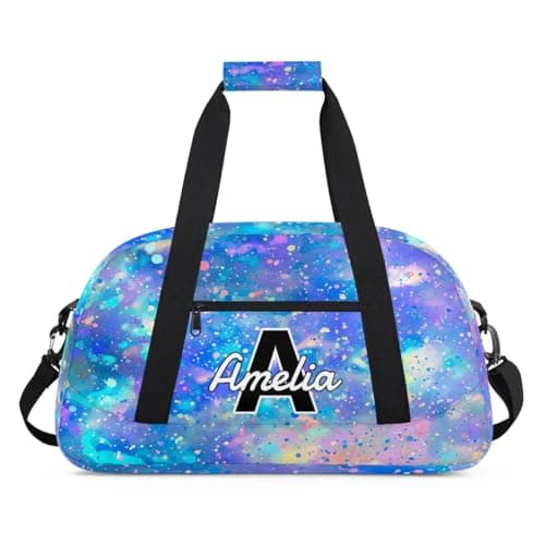 Obtravar Custom Name Sport Gym Bags Personalized Letter Overnight Duffel Bags Carry On Weekender Bag Dance Travel Tote Bags for Boys Girls, Glitter Colorful Blue
