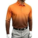 Men Ombre Polo Shirt Long Sleeve Button Front Slim Fit Stretchy Blouses Casual Golf Business Athletic Pullover Tops Gold