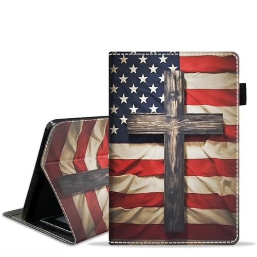 BXIKEOPIU Case for Amazon Kindle Fire 7 Tablet (7" Display, 12th Generation, 2022 Release), Slim PU Leather Stand Folio Cover with Card Slot & Auto Wake Sleep, American Flag Holy Cross