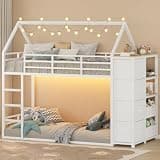 Bunk Bed Twin Over Twin with Storage Drawers & LED Lights, Low Metal Bunk Bed with Safety Guardrails, Space-Saving Twin Bunk Bed with Charging Port for Bedroom, White