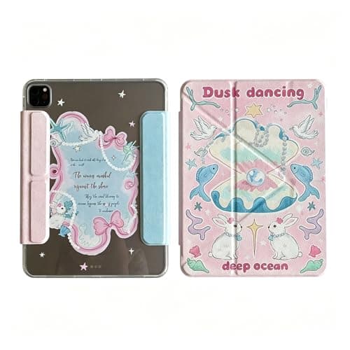 Magnetic Detachable Leather Folio Case with Stand for Apple Ocean Bunny Pearl Fish Dove Shell Bow Pastel Pink Dreamy Coquette Sweet Girly Girls (for iPad Pro M5 11-inch 6 6th Generation 2025)