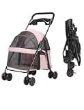 Outdoor Travel Pet Folding Stroller,Dog Cat Cage Strollers with Cup Holder,Breathable and Visible Mesh for Medium Small Dogs(Pink)