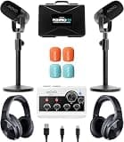 Movo Portable Podcast Equipment Bundle for iPhone/Android Phones- Podcast Kit with Audio Interface, 2 CastMic Dynamic Mics, 2 Table Stands - For Smartphones, Computers, PC, Mac - Lightning, USB, USB-C