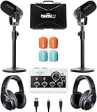 Movo Portable Podcast Equipment Bundle for iPhone/Android Phones- Podcast Kit with Audio Interface, 2 CastMic Dynamic Mics, 2 Table Stands - For Smartphones, Computers, PC, Mac - Lightning, USB, USB-C