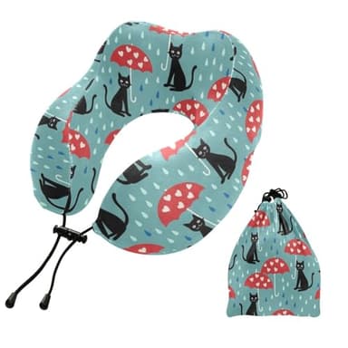 Emelivor Cats Umbrellas Teal Print Travel Pillow Memory Foam Neck Pillow with Storage Bag Portable Neck Support Pillows for Airplane Sleeping Car Plane Office Home Use Travel Essentials