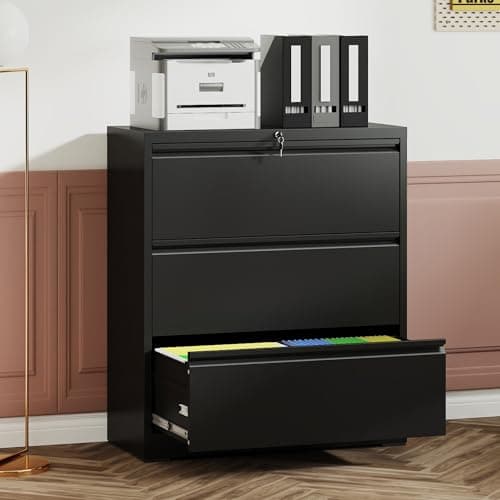 SYTOALND Heavy Duty Locking File Cabinet with Full Extension Slides – Black 3 Drawer Lateral Filing Cabinet for Home Office, Fits Letter/Legal/A4/F4, Ball Bearing Drawers, Anti-Tip (Black, 3 Drawer)
