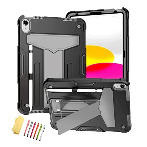 UUcovers for iPad 10th Generation Case 10.9 Inch 2022, with Pencil Holder/Kickstand/Military Grade Drop Heavy Duty Protection Rugged Shockproof Case Hybrid Stand Cover for iPad 10th Gen, Black & Gray