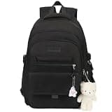 PRLINJSK Girls Backpack for College High Middle School Student, Cute Aesthetic Bookbag for Teens Women with Accessories,Black