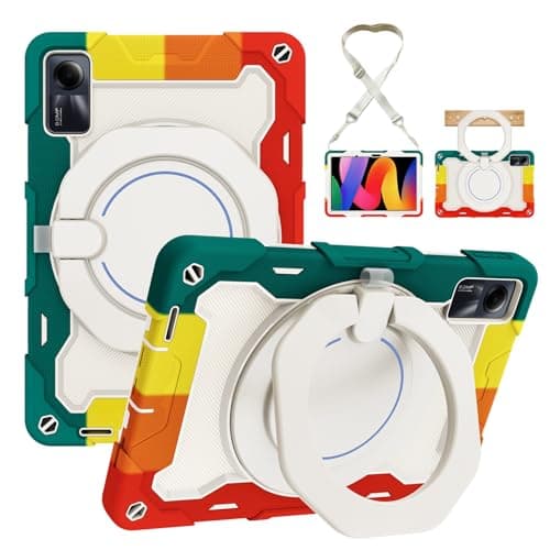 FXYJBNJKLV Heavy-Duty Protective Case for Xiaomi Redmi Pad SE 11" 2023, 360° Rotating Stand, Shoulder Strap, Pencil Holder & Handle Ring, Shockproof Cover for Kids & Adults(Red Green)