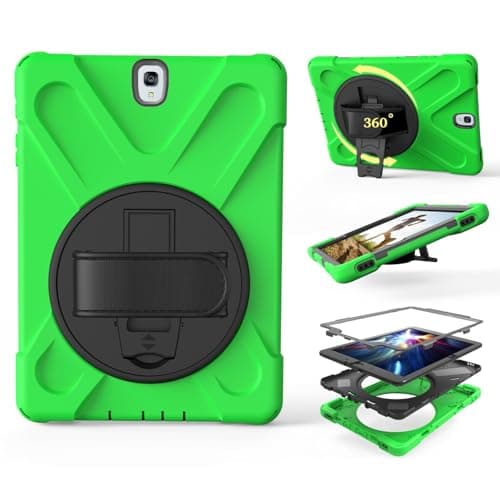 JHUITRES for Galaxy Tab S3 Case 9.7 inch 2017 (SM-T820/T825/T827), Rugged Shockproof Drop Protection with Shoulder Strap Protective Cover for Kids Silicone(Green)