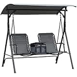 agnixnaf 2 Set Gray Steel Patio Swing Chair, Cup Holder & Adjustable Shade, Bungee Seat Suspension, Outdoor Canopy Swing Glider with Pivot Storage Table, for Backyard, Lawn, Playground