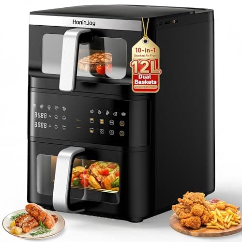 HoninJoy 4L+8L Double Basket Airfryer, Large Airfryer with Vertical Compact Design and Piece of Paper Liners, 10-in-1 Presets for Homemade Family Meals, for Baking/Grilling/Defrosting