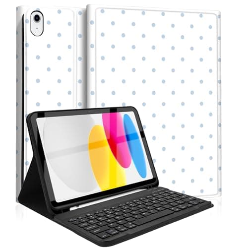 Mewealth Keyboard Case for iPad 11th 10th Generation with Pencil Holder, Wireless Keyboard Cover for 11th A16 11-inch 2025, 10th Gen 10.9 Inch 2022, Polka Dot White-Blue