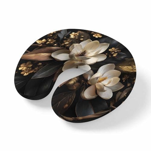 ZFUNCING Travel Pillows U-Shaped Neck Pillow Retro Gorgeous Bloom Magnolias Ergonomic Memory Foam Pillow Head Cushion,Luxurious Flower Gold Soft Portable Neck Pillows for Office Airplane Car Train