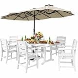 DWVO 8 Pcs HDPE Table Outdoor Dining Ensemble with 13ft Dual-Canopy Umbrella – 71" White Rectangular Patio Table & 6 Reinforced Chairs for Deck, Lawn & Poolside