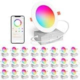 SikSog 24Pack Smart Recessed Lighting 4 Inch RGBCW Color Changing 12W LED Downlight with Junction Box,1080 Lumen Recessed Ceiling Light Compatible with Alexa,Dimmable by Bluetooth Control