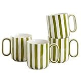 Dneuoir Ceramic Coffee Mugs Set of 4, 15 oz Stoneware Coffee Cups with Handle, Aesthetic Green Stripe Latte Tea Mug for Latte Tea Hot Chocolate, Microwave and Dishwasher Safe (15 oz)