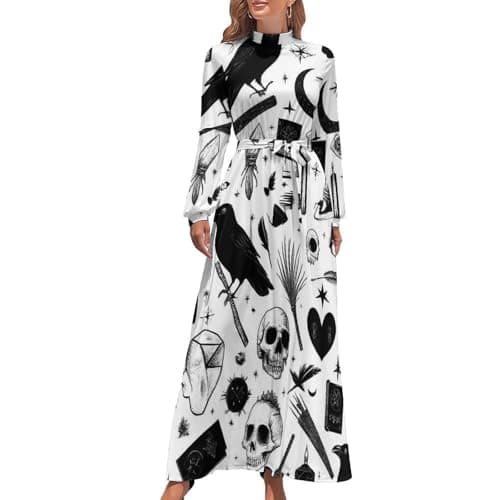 Breathable Elasticity Gothic Trippy Moon Skull Dark Black Cat Witch Magic Spirit Board Maxi Dresses for Women, Casual High Neck Long Dress Soft Flowy Dresses