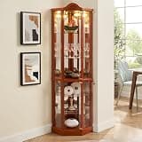 SUNLIFER Corner Glass Display Cabinet: Tall Arched Curio Cabinets with Glass Doors & Adjustable Shelves | Lighted Wood China Cabinet - Bar and Liquor Storage Area for Living Room - Oak