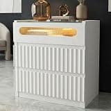 senlin Smart Nightstand with Charging Station and LED Lights,Bedside Table with 3 Fluted Drawers & Tempered Glass Top,Modern End Table with Wireless Charger for Bedroom(White Oak)