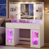 VASAGLE Kailyn Collection - Vanity Desk with LED Lights and Power Outlet, Modern Vanity Table with Light Strip, 3 Drawers, 2 Cabinets, Transparent Top, 8 Storage Shelves, Cloud White URDT145WB03S
