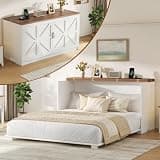 Full Murphy Bed Cabinet with Built-in Charging Station & Storage Shelf, Space Saving Foldable Wall Bed for Guest Room & Small Apartment, Farmhouse Bed with USB Ports & Power Outlets, White