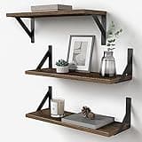 Forbena Rustic Floating Book Shelves for Wall Set of 3, 17 Inch Wood Wall Bookshelf for Bedroom, Wooden Wall Mounted Hanging Shelf for Office Living Room Bathroom Decor Pictures Books (Dark Brown)