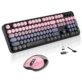 Wireless Keyboard and Mouse, MOFII 104 Round Keycaps Retro Typewriter with OTG & Brush, Full-Size Ergonomic, Ideal for Windows PC, Home, Office and College Peach Pink